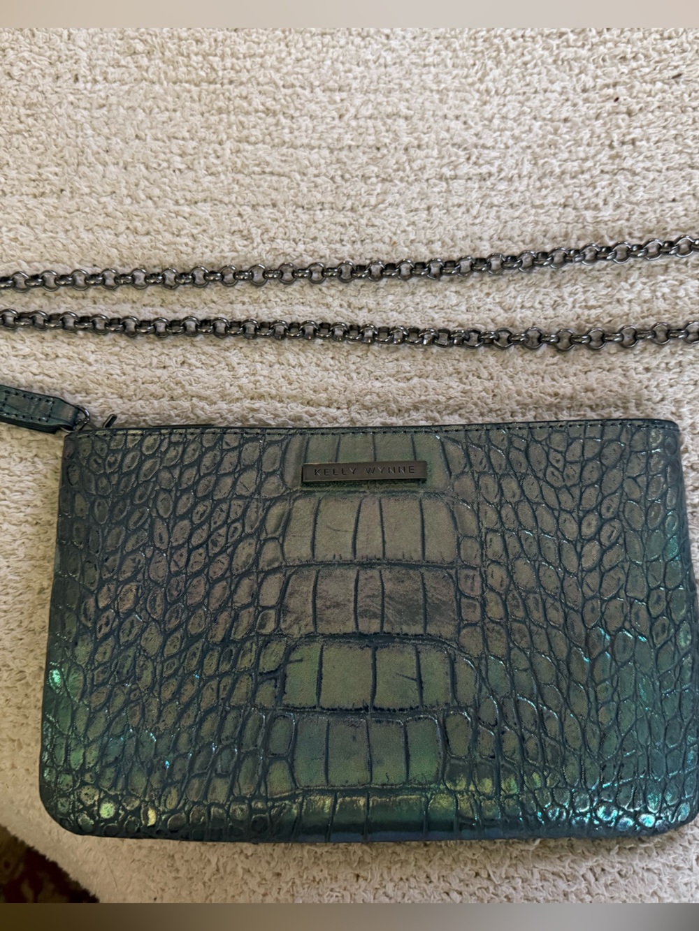 Kelly Wynne Iridescent Green Croc-Embossed Clutch Wallet with strap